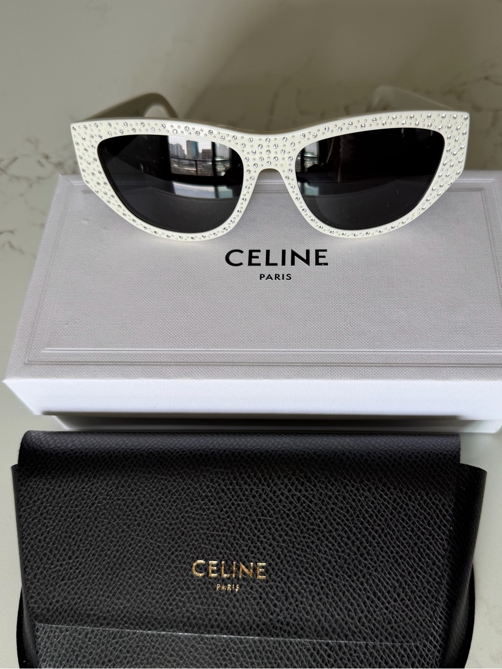 Celine White Crystal-Embellished Cat-Eye Sunglasses